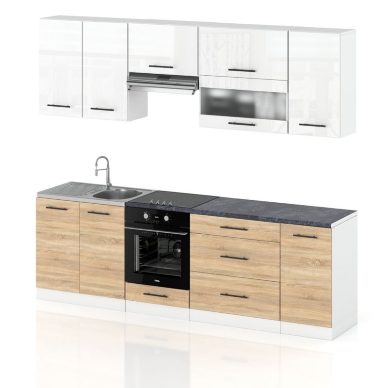 Zestaw Kuchenny Hurtownia-Mebli Z Blatem Kuchnia Marocco 260cm Biały Mat Biały Połysk/Dąb Sonoma 260x52x157 cm 1szt.