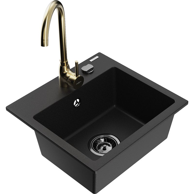 Zlewozmywak granitowy 1-komorowy Mexen Milo z baterią kuchenną Telma czarny - 6505-77-670200-70-B 1 szt.