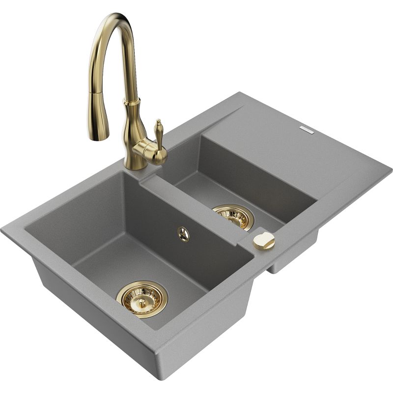 Zlewozmywak granitowy 1.5-komorowy Mexen Gaspar z ociekaczem i baterią kuchenną Savita szary 6507-71-672601-50