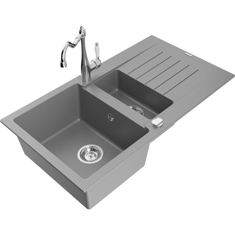 Zlewozmywak granitowy 1.5-komorowy Mexen Matias z ociekaczem i baterią kuchenną Carla szary 6502-71-670700-00