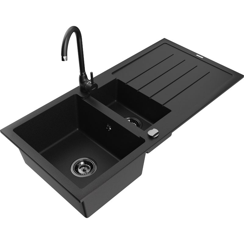 Zlewozmywak granitowy 1.5-komorowy Mexen Andres z ociekaczem i baterią kuchenną Telma czarny - 6515-77-670200-50 1 szt.