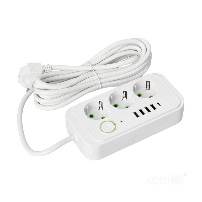 Przedłużacz Linea Kobi 3gn+4usb/1usb-c/5m/Zu+W biały 1szt.