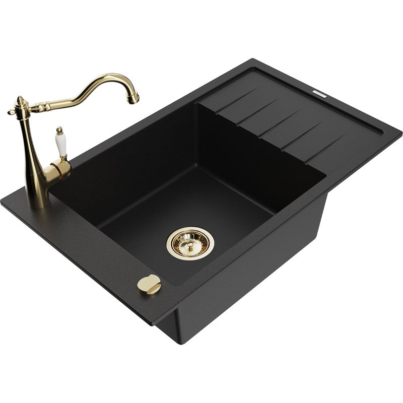 Zlewozmywak granitowy 1-komorowy Mexen Elias z ociekaczem i baterią kuchenną Carla czarny 6511-77-670700-50