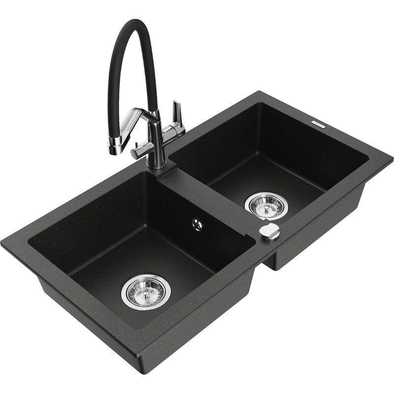 Zlewozmywak granitowy 2-komorowy Mexen Mario z baterią kuchenną Duo czarny/złoty metalik 6504-75-671701-07