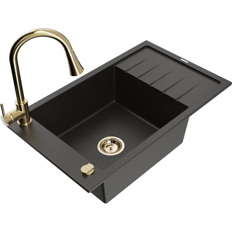 Zlewozmywak granitowy 1-komorowy Mexen Elias z ociekaczem i baterią kuchenną Elia czarny/złoty metalik 6511-75-670101-50