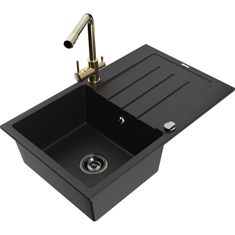 Zlewozmywak granitowy 1-komorowy Mexen Bruno z ociekaczem i baterią kuchenną Duero czarny 6513-77-671600-50-B
