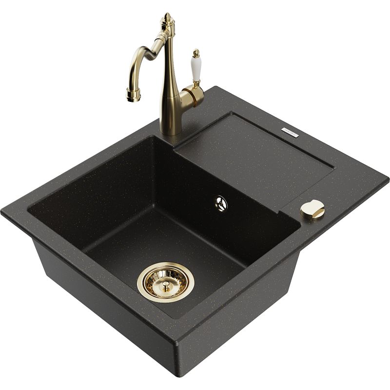 Zlewozmywak granitowy 1-komorowy Mexen Enzo z ociekaczem i baterią kuchenną Carla czarny/złoty metalik 6506-75-670700-50