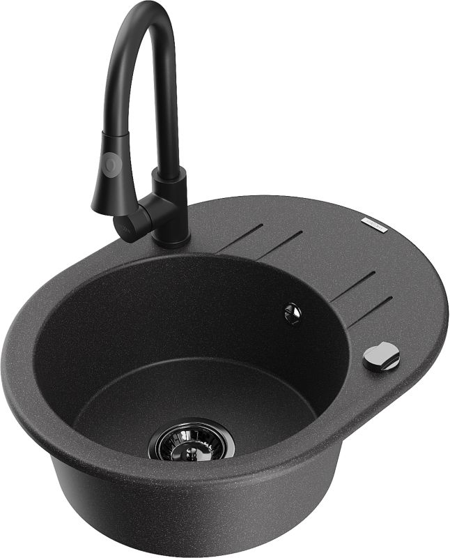 Zlewozmywak granitowy Mexen Kevin 1-komorowy z ociekaczem i baterią kuchenną Elia czarny 6517-76-670101-70-B