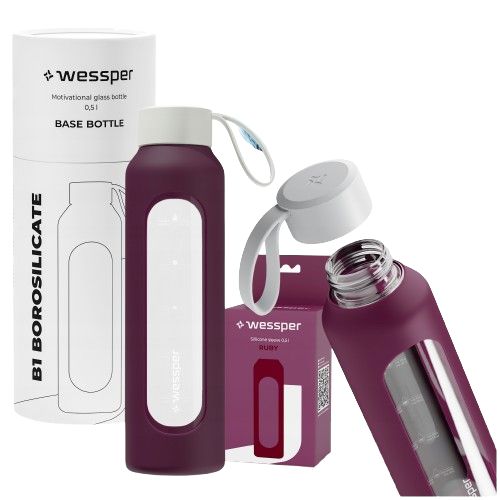 Butelka na wodę, Wessper B1, motywacyjna, z miarką, z etui, szkło borokrzemowe, bidon, 500ml, rubinowa, 1szt