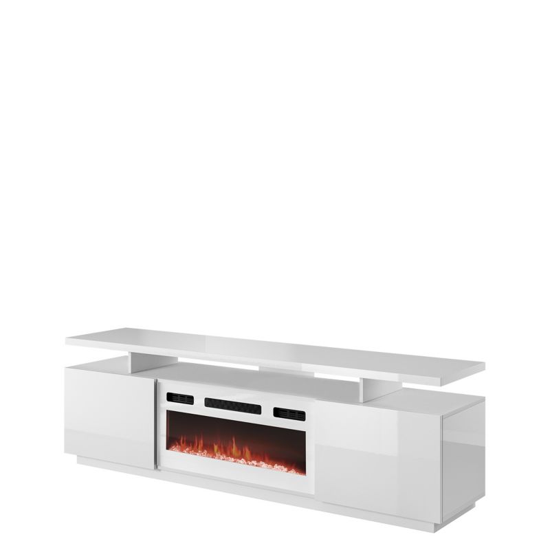 Szafka RTV z kominkiem MIRJAN 24 Eva biały / biały połysk + biały kominek 1 szt.