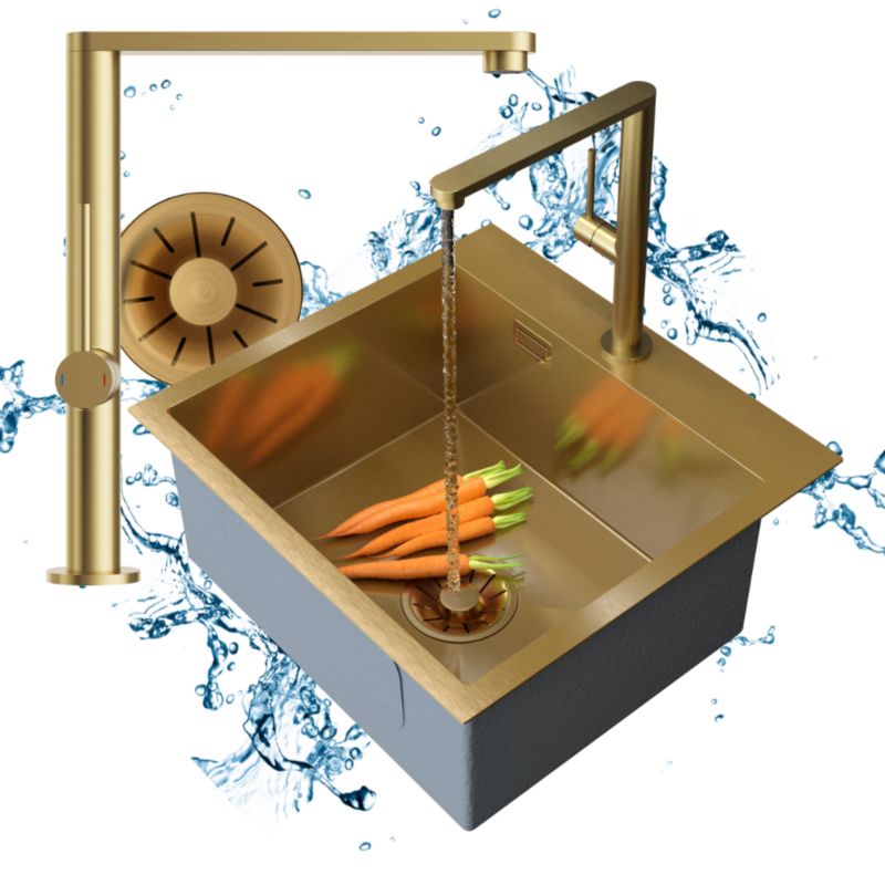 Zlewozmywak stalowy Jednokomorowy Granitan Silvo48 Kuchenny z syfonem i Baterią Velmo Złoty LUX 1kpl.