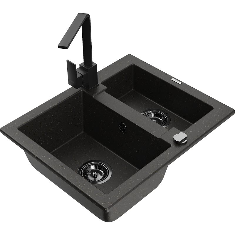 Zlewozmywak granitowy 1.5-komorowy Mexen Carlos z baterią kuchenną Rita czarny/złoty metalik - 6518-75-670300-50-B 1 szt.