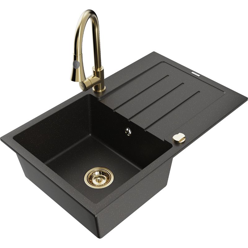 Zlewozmywak granitowy 1-komorowy Mexen Bruno z ociekaczem i baterią kuchenną Elia czarny/złoty metalik 6513-75-670101-50