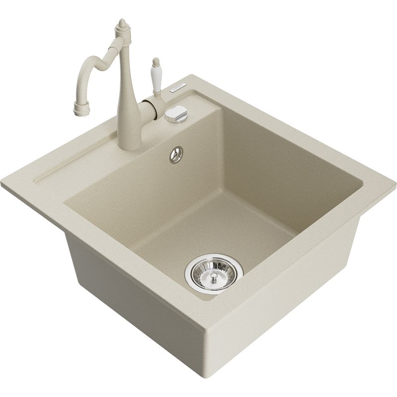 Zlewozmywak granitowy 1-komorowy Mexen Vito z baterią kuchenną Carla beżowy 6503-69-670700-69