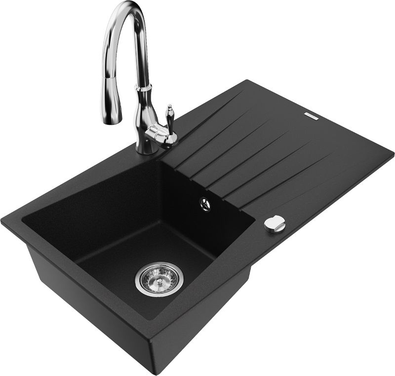 Zlewozmywak granitowy Mexen Cesar 1-komorowy z ociekaczem i baterią kuchenną Telma czarny - 6514-77-670200-70 1 szt.
