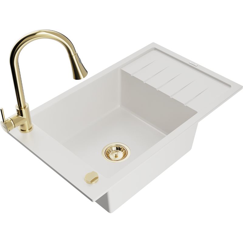 Zlewozmywak granitowy 1-komorowy Mexen Elias z ociekaczem i baterią kuchenną Elia biały 6511-20-670101-50