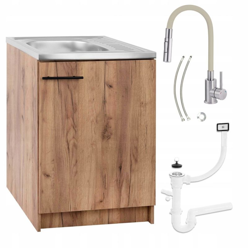 Szafka Kuchenna Dąb Złoty 60x50 ze Zlewem Bateria Deante Beż Elastyczna 2w1