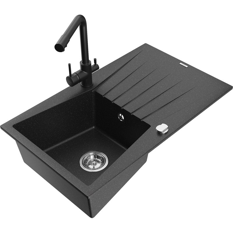 Zlewozmywak granitowy 1-komorowy Mexen Cesar z ociekaczem i baterią Duero czarny/złoty metalik - 6514-75-671600-70 1 szt.