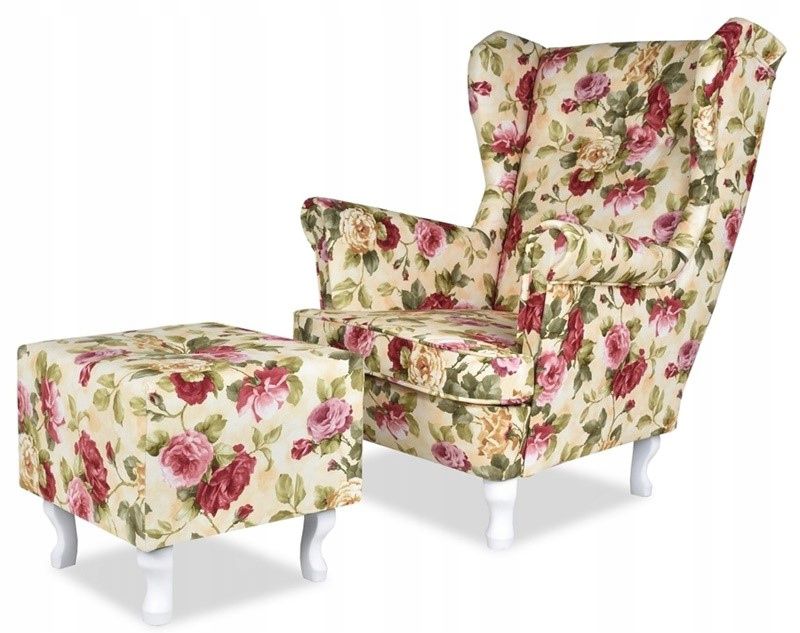 Fotel uszak do salonu z podnóżkiem Family Meble ARI PRINT roże jasne 1szt