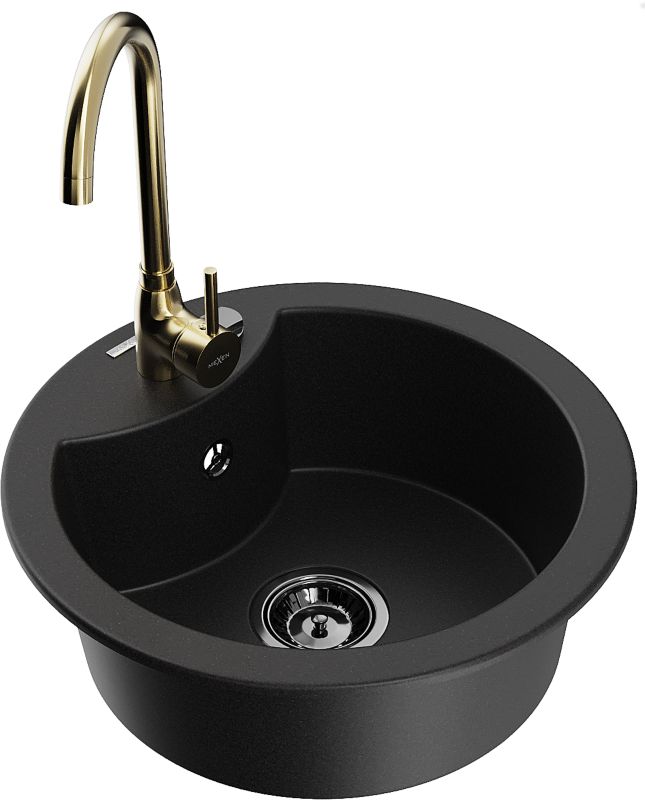 Zlewozmywak granitowy Mexen Diego 1-komorowy z baterią kuchenną Telma czarny 6512-77-670200-50-B