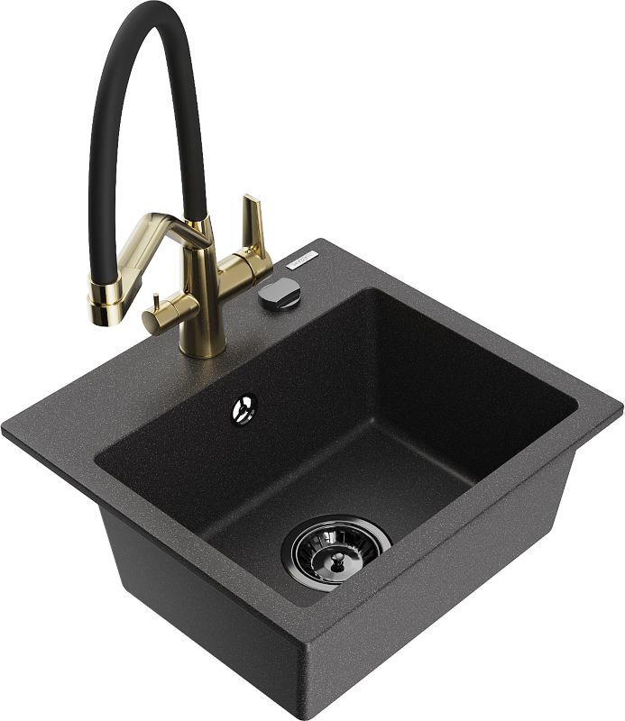 Zlewozmywak granitowy Mexen Milo 1-komorowy z baterią kuchenną Duo czarny/srebrny - 6505-73-671701-57-B 1 szt.