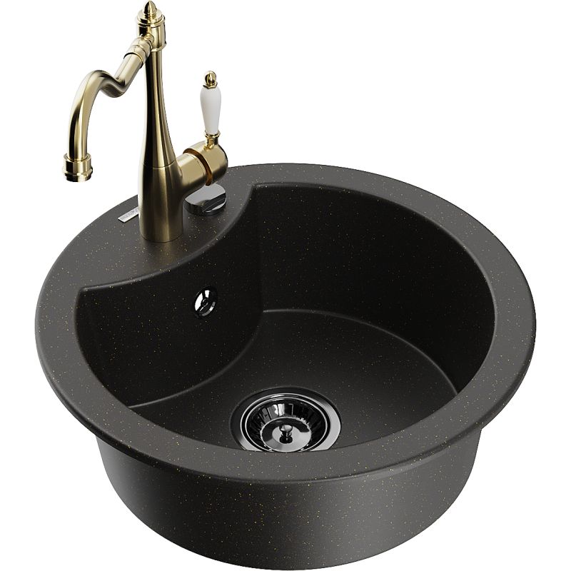 Zlewozmywak granitowy 1-komorowy Mexen Diego z baterią kuchenną Carla czarny/złoty metalik 6512-75-670700-50-B