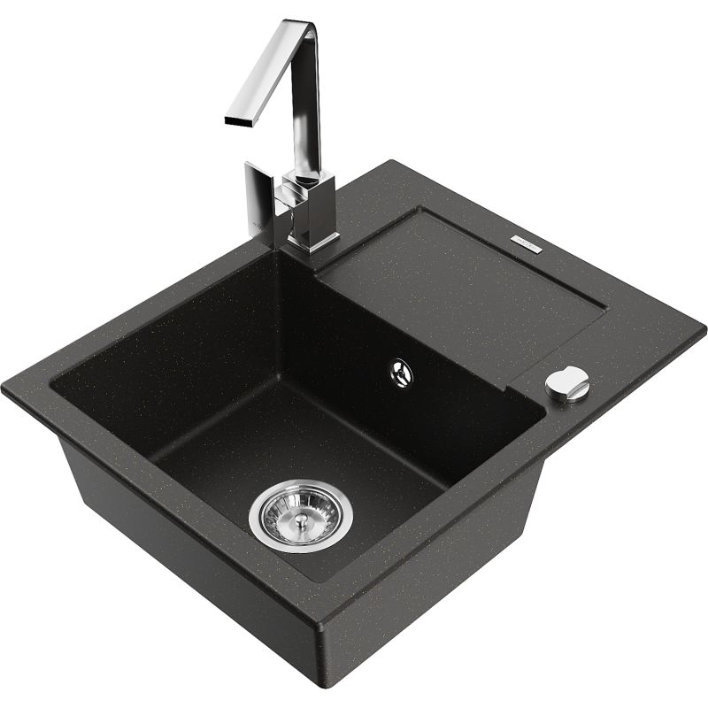 Zlewozmywak granitowy 1-komorowy Mexen Enzo z ociekaczem i baterią kuchenną Rita czarny/złoty metalik 6506-75-670300-00