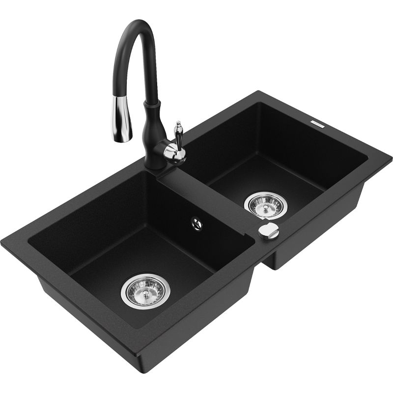 Zlewozmywak granitowy 2-komorowy Mexen Mario z baterią kuchenną Savita czarny - 6504-77-672601-70-B 1 szt.