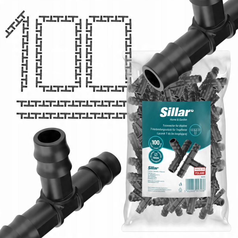 Złączka, Sillar, trójnik, łącznik, do węża rury kroplującej C5, 16mm, wciskany, do nawadniania, 100szt