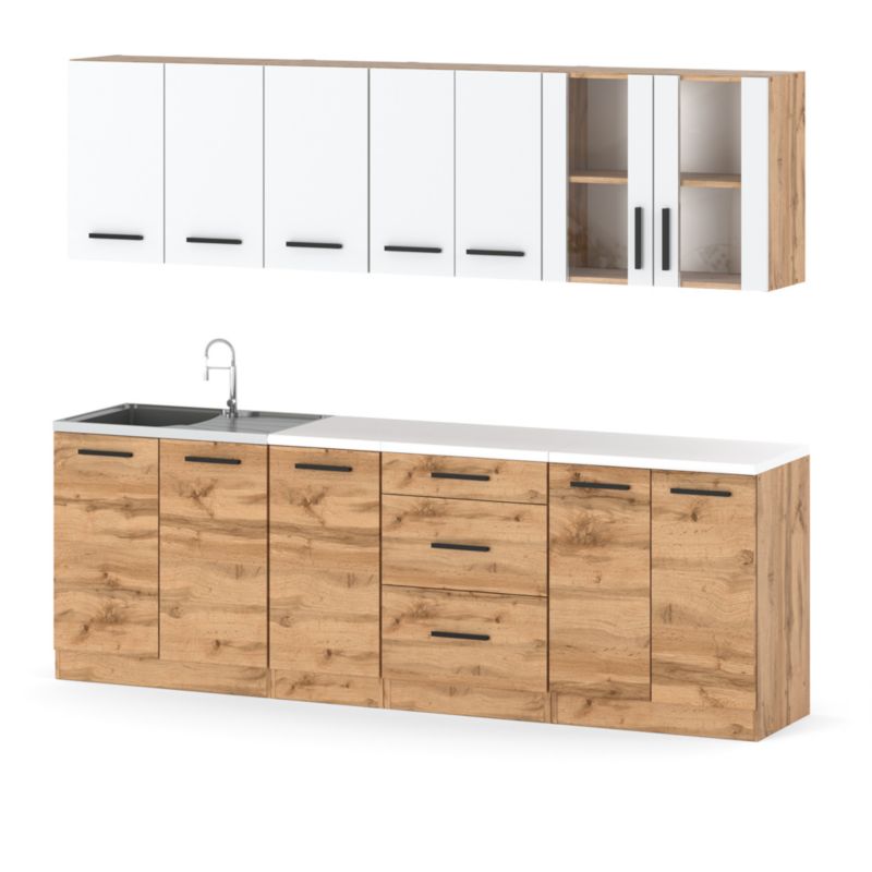 Zestaw Kuchenny Hurtownia-Mebli Z Blatem Kuchnia Remino 260cm Dąb Wotan Biały Mat/Dąb Wotan 260x47x145 cm 1szt.