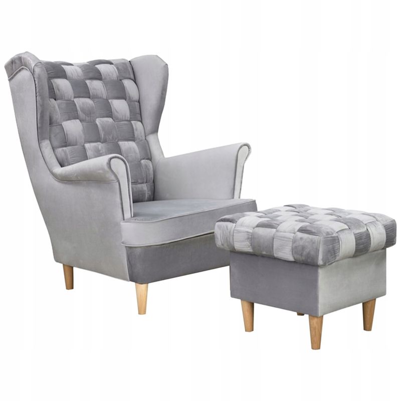 Fotel uszak do salonu z podnóżkiem Family Meble Carol siwy 1szt