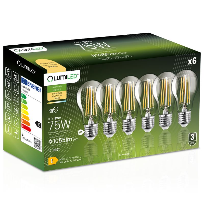Żarówka LED Lumiled E27 A60 8W 1055lm 3000K 360st Filament 6 szt.