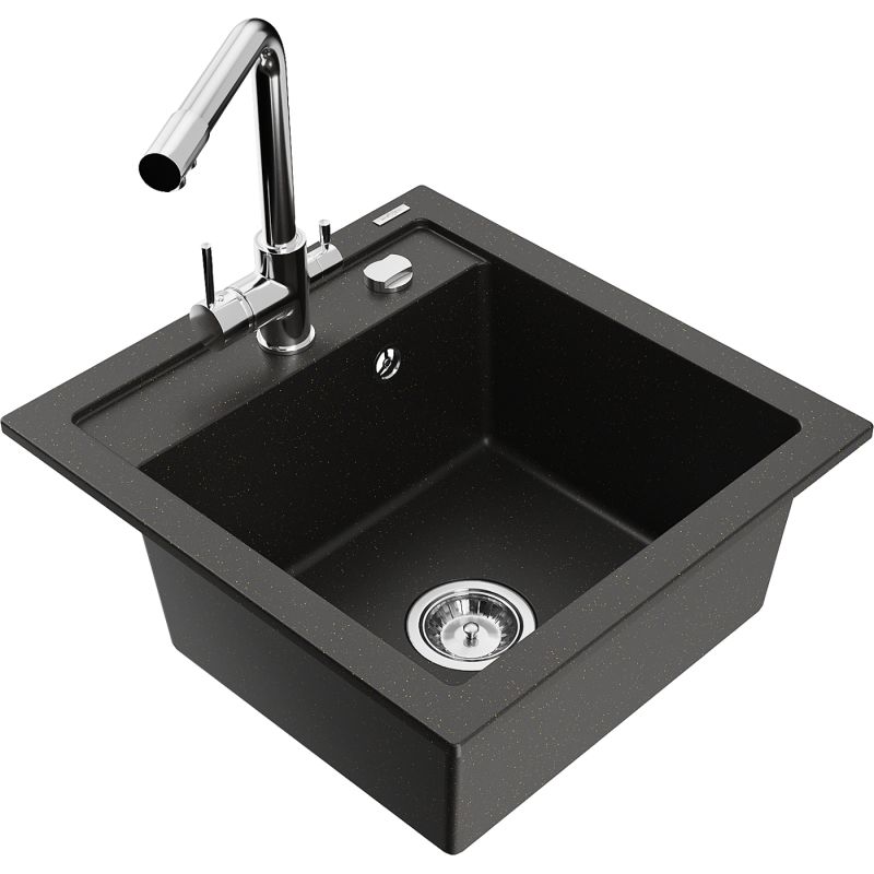 Zlewozmywak granitowy 1-komorowy Mexen Vito z baterią kuchenną Duero czarny/złoty metalik 6503-75-671600-00