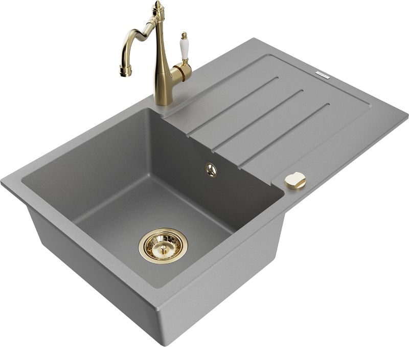 Zlewozmywak granitowy Mexen Bruno 1-komorowy z ociekaczem i baterią kuchenną Carla szary 6513-71-670700-50