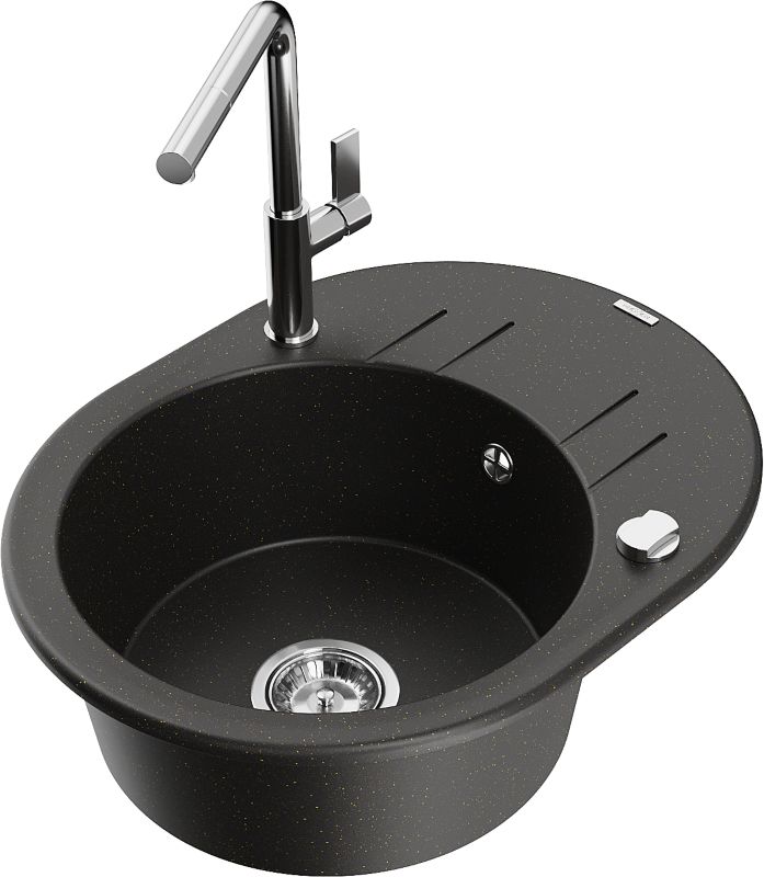 Zlewozmywak granitowy Mexen Kevin 1-komorowy z ociekaczem i baterią kuchenną Flora czarny/złoty 6517-75-670401-00