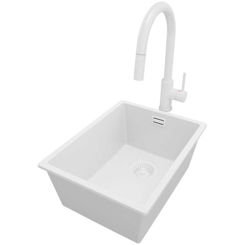 Zlewozmywak Granitowy Londyn Slim PRIMAGRAN Nablatowy 36x47cm do szafki od 40cm, Cały Biały + Bateria + Syfon, S048, 1 szt.