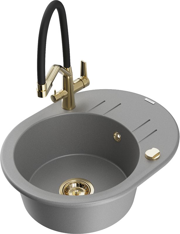 Zlewozmywak granitowy Mexen Kevin 1-komorowy z baterią kuchenną Duo szary 6517-71-671701-57-G