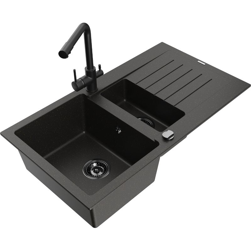 Zlewozmywak granitowy 1.5-komorowy Mexen Matias z ociekaczem i baterią Duero czarny/złoty metalik - 6502-75-671600-70 1 szt.