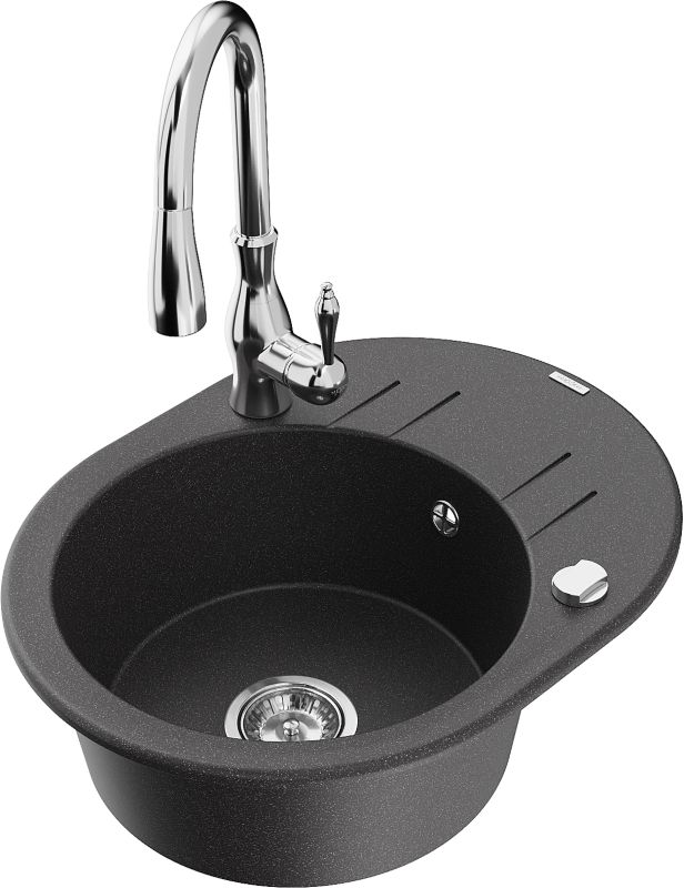 Zlewozmywak granitowy Mexen Kevin 1-komorowy z ociekaczem i baterią kuchenną Savita czarny/złoty - 6517-75-672601-00 1 szt.