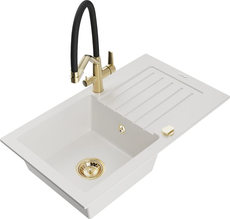 Zlewozmywak granitowy Mexen Pablo 1-komorowy z ociekaczem i baterią kuchenną Duo biały 6510-20-671701-57-G