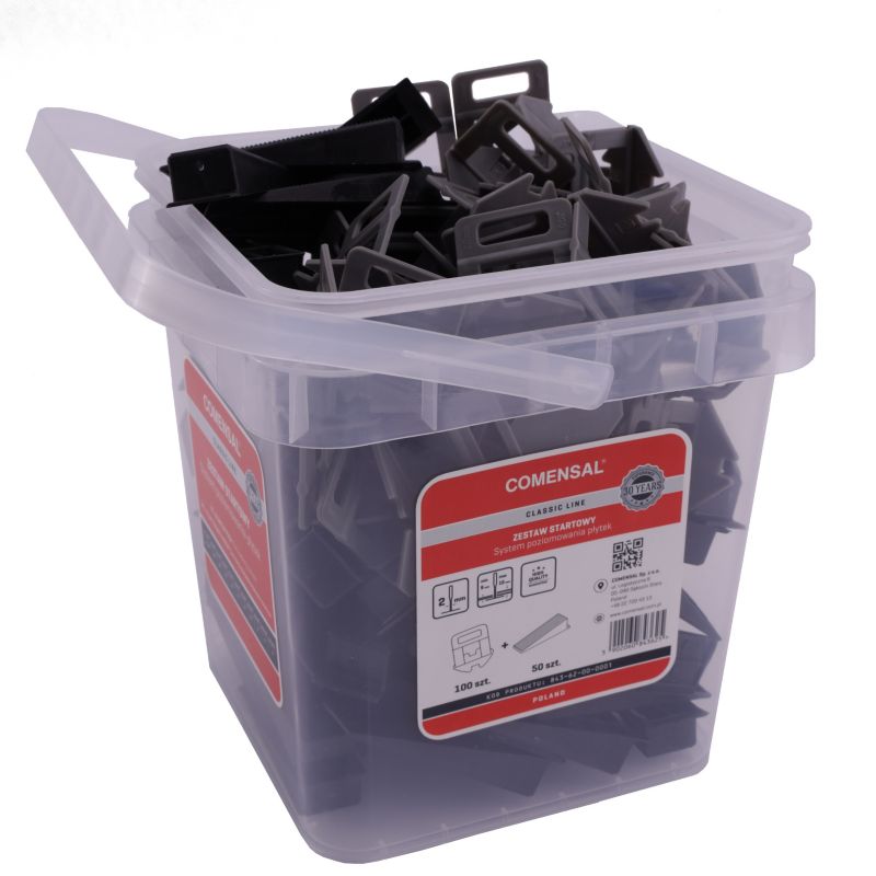 System poziomowania płytek COMENSAL klipsy zaciski 2 mm TYP II 100 szt. i kliny TYP II 50 szt. 1 zestaw