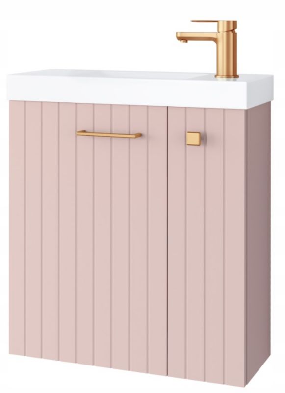 Szafka łazienkowa Furnidea 55 cm z umywalką pudrowy róż miedziany uchwyt Nook 1 szt.