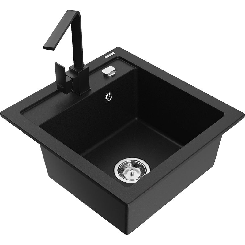 Zlewozmywak granitowy 1-komorowy Mexen Vito z baterią kuchenną Rita czarny - 6503-77-670300-70-B 1 szt.