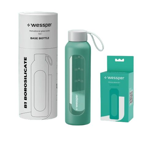 Butelka na wodę, Wessper B1, motywacyjna, z miarką, z etui, szkło borokrzemowe, bidon, 500ml, szmaragdowa, 1szt