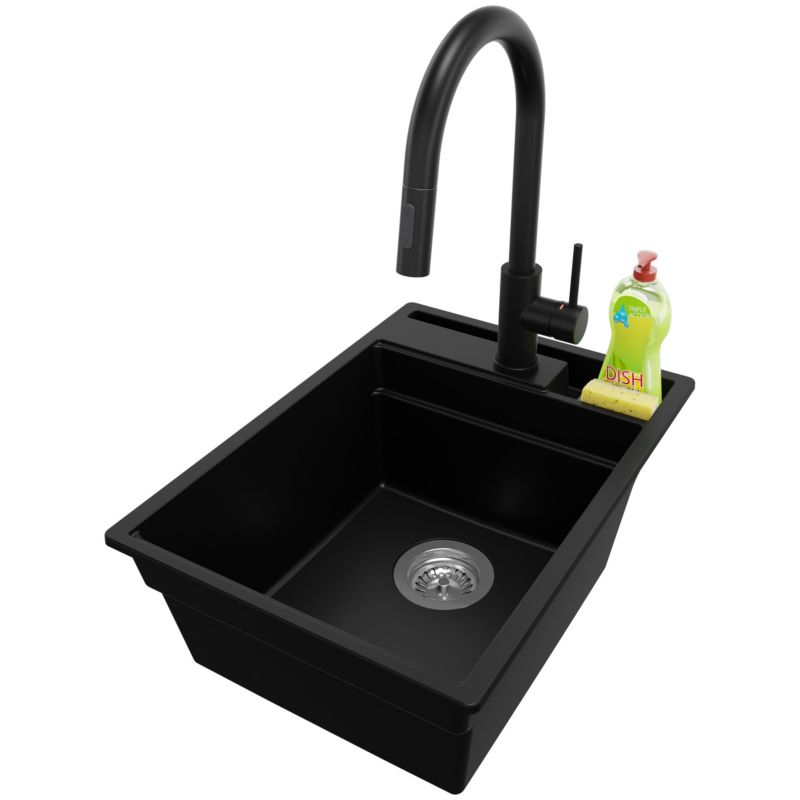 Zlewozmywak Granitowy Oslo Pocket PRIMAGRAN Nablatowy 38x53cm do szafki od 40cm z Syfonem i Baterią Czarny 1 szt.