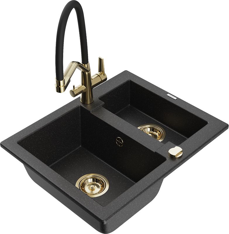 Zlewozmywak granitowy Mexen Carlos 1,5-komorowy z baterią kuchenną Duo czarny/srebrny 6518-73-671701-57-G