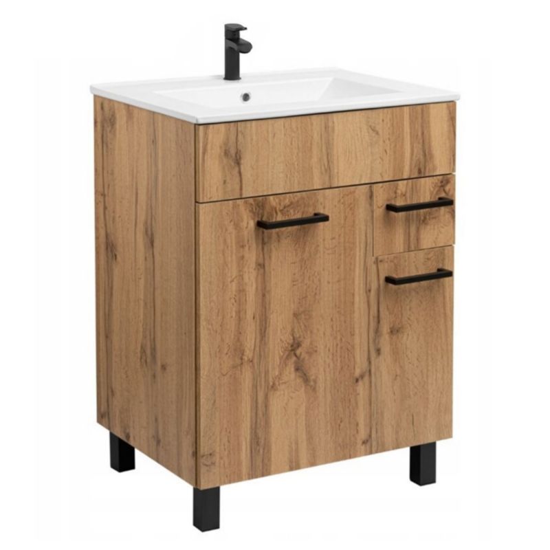 Szafka do Łazienki Stamar z Umywalką Stojąca 600x470 mm Dąb Wotan + Bateria Czarna 1 szt