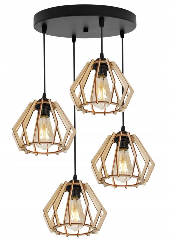 Lampa sufitowa wisząca okrągła Light Home LH Timber drewno 4x E27 60W klosz diament czarny 1szt.
