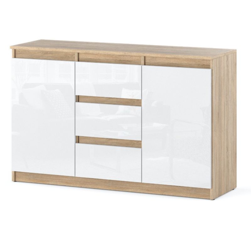 Komoda Hurtownia-Mebli Szuflady 3 Agnes 2D3SZ 120cm Dąb Sonoma Biały Połysk 120x35x75 cm 1szt.