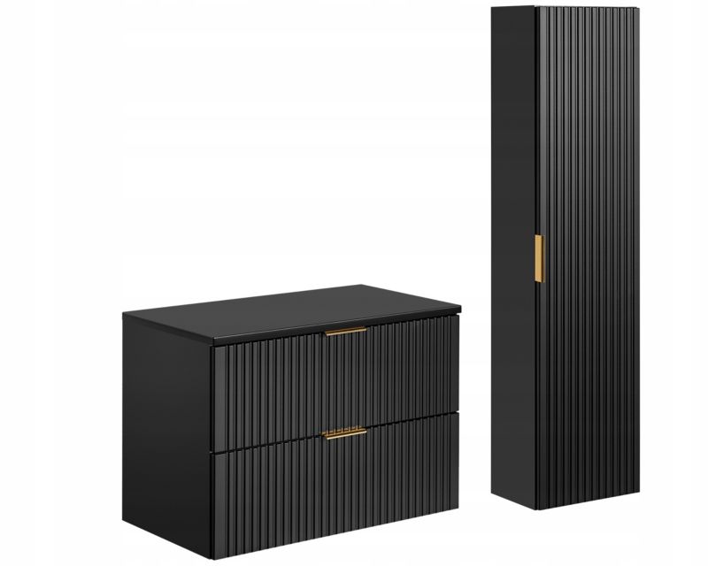 Szafka pod umywalkę i słupek Furnidea 80 cm + 140 cm czarny mat ryflowany z umywalką Adel zestaw